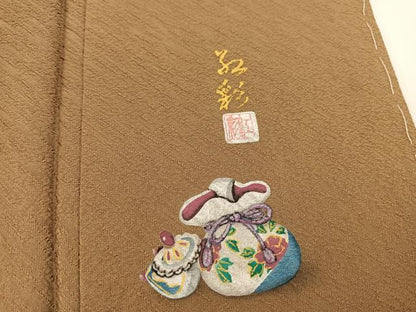 平和屋着物●立体友禅作家　涌波紅彩　色無地　ワンポイント　斜線地紋　朽葉色　正絹　逸品　未使用　BAAX3495yc