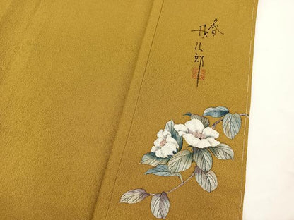 平和屋着物●二代目清次郎　手描き　色無地　ワンポイント　菜種油色　正絹　逸品　未使用　BAAX3501yc
