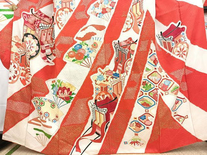 平和屋着物■豪華振袖　駒刺繍　絞り　御所車扇面花文　金彩　正絹　逸品　BAAX3531yc