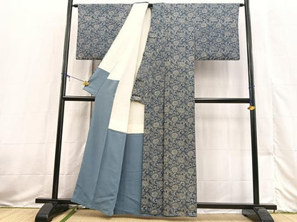 平和屋着物■上質な小紋　紬地　型染め　更紗花文　正絹　逸品　BAAX3535yc