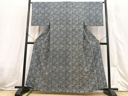平和屋着物■上質な小紋　紬地　型染め　更紗花文　正絹　逸品　BAAX3535yc