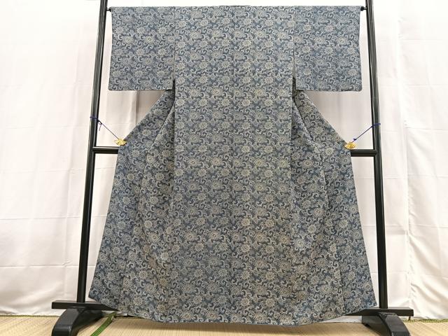 平和屋着物■上質な小紋　紬地　型染め　更紗花文　正絹　逸品　BAAX3535yc