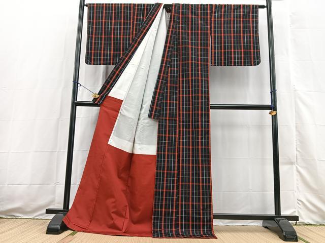 平和屋着物■上質な紬　格子柄　ロング丈　正絹　逸品　未使用　BAAX3553yc