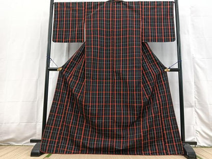 平和屋着物■上質な紬　格子柄　ロング丈　正絹　逸品　未使用　BAAX3553yc