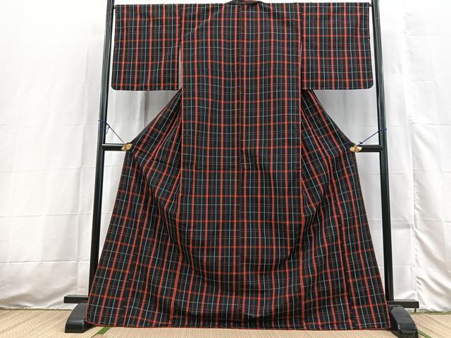平和屋着物■上質な紬　格子柄　ロング丈　正絹　逸品　未使用　BAAX3553yc