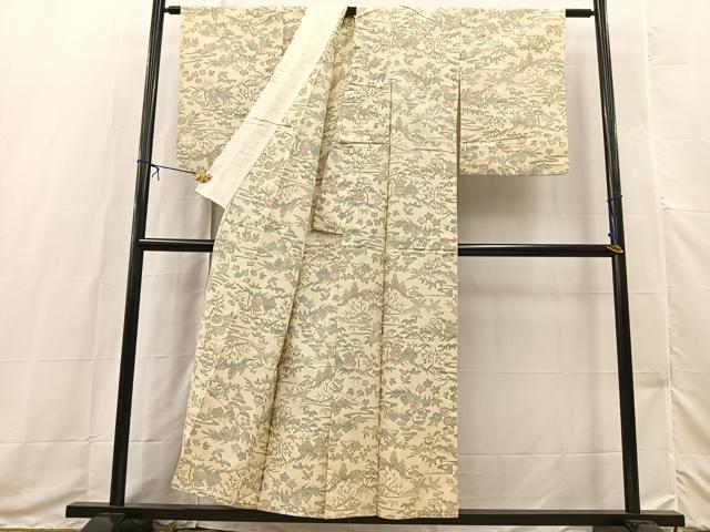 平和屋着物▽上質な紬　単衣　風景花文　正絹　逸品　BAAX3580yc