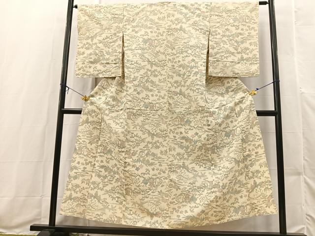 平和屋着物▽上質な紬　単衣　風景花文　正絹　逸品　BAAX3580yc