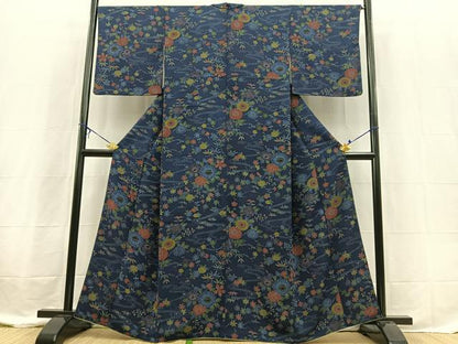 平和屋着物■上質な小紋　型染め　流水草花文　鬼しぼ縮緬　正絹　逸品　BAAX3597yc