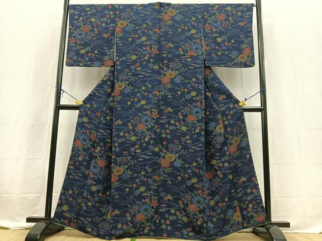 平和屋着物■上質な小紋　型染め　流水草花文　鬼しぼ縮緬　正絹　逸品　BAAX3597yc