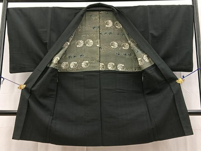 平和屋着物■男性　紬　アンサンブル　長羽織　黒地　正絹　逸品　BAAX3606yc