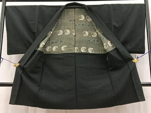 平和屋着物■男性　紬　アンサンブル　長羽織　黒地　正絹　逸品　BAAX3606yc