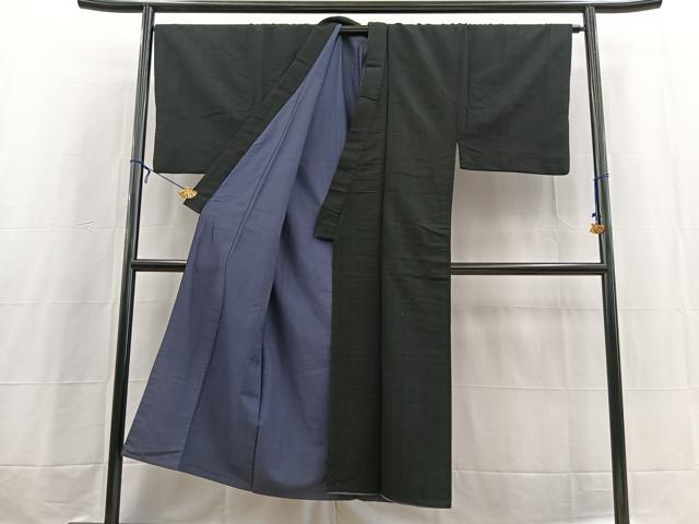 平和屋着物■男性　紬　アンサンブル　長羽織　黒地　正絹　逸品　BAAX3606yc