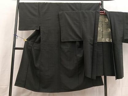 平和屋着物■男性　紬　アンサンブル　長羽織　黒地　正絹　逸品　BAAX3606yc