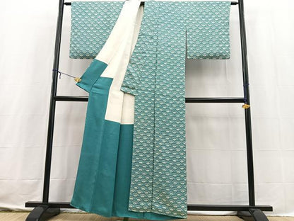 平和屋着物■上質な小紋　型染め　花青海波文　正絹　逸品　BAAX3624yc