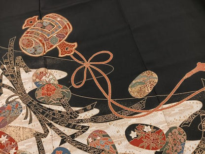 平和屋着物■豪華黒留袖　駒刺繍　小槌束ね熨斗花文　金彩　正絹　逸品　BAAX3626yc