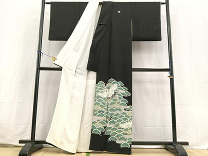 平和屋着物■豪華黒留袖　銀駒刺繍　飛鶴松文　金銀彩　正絹　逸品　BAAX3628yc