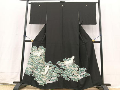 平和屋着物■豪華黒留袖　銀駒刺繍　飛鶴松文　金銀彩　正絹　逸品　BAAX3628yc