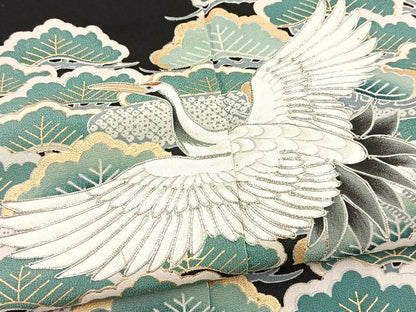 平和屋着物■豪華黒留袖　銀駒刺繍　飛鶴松文　金銀彩　正絹　逸品　BAAX3628yc