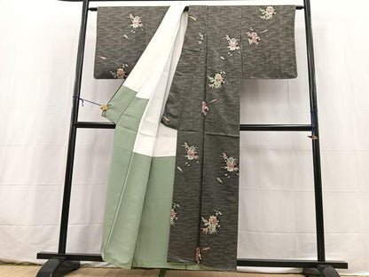 平和屋着物■上質な小紋　飾花文　黒地　正絹　逸品　未使用　BAAX3640yc