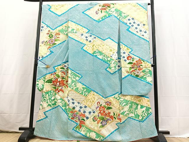 平和屋着物■豪華振袖　駒刺繍　絞り　松皮菱更紗花文　金彩　正絹　逸品　BAAX3641yc