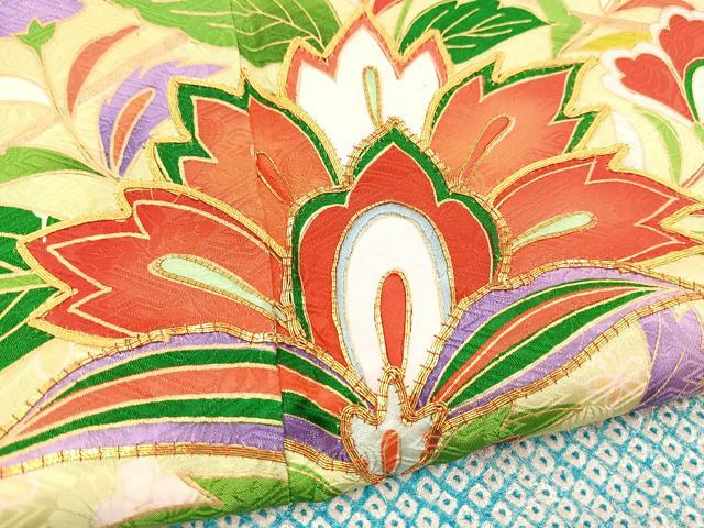 平和屋着物■豪華振袖　駒刺繍　絞り　松皮菱更紗花文　金彩　正絹　逸品　BAAX3641yc