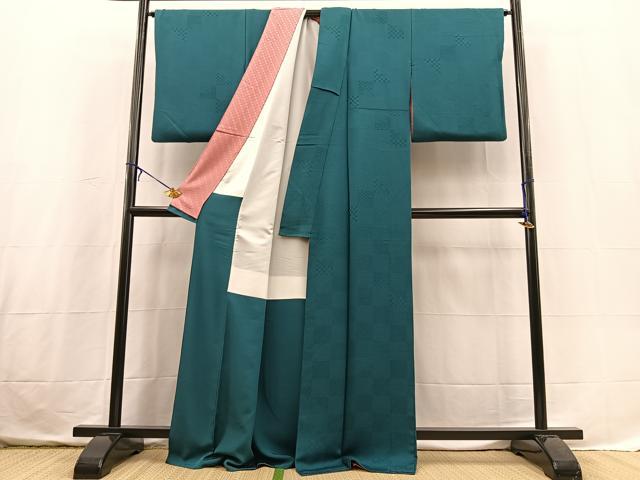 平和屋着物●上質な色無地　市松地紋　納戸色　正絹　逸品　BAAX3665yc
