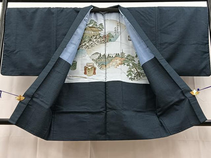 平和屋着物●男性　紬　アンサンブル　長羽織　80亀甲　総詰め　正絹　逸品　BAAX3672yc