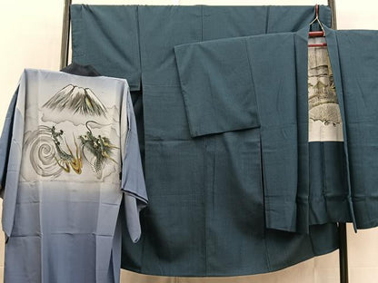 平和屋着物●男性　紬　単衣　アンサンブル　長襦袢(袷)セット　長羽織　幾何学文様　正絹　逸品　BAAX3674yc
