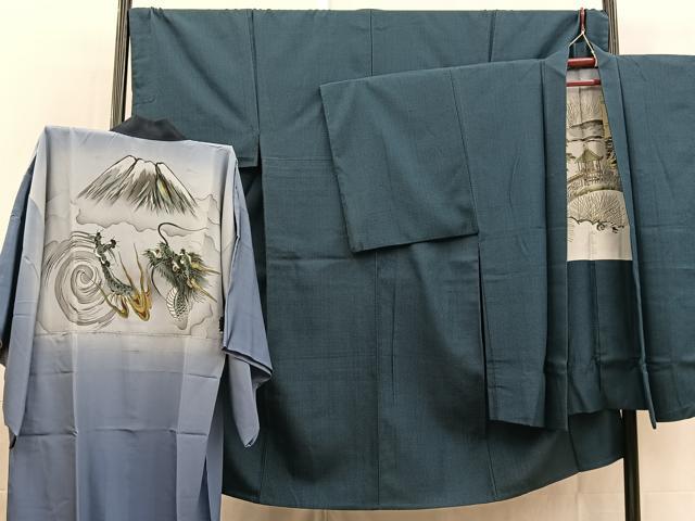 平和屋着物●男性　紬　単衣　アンサンブル　長襦袢(袷)セット　長羽織　幾何学文様　正絹　逸品　BAAX3674yc