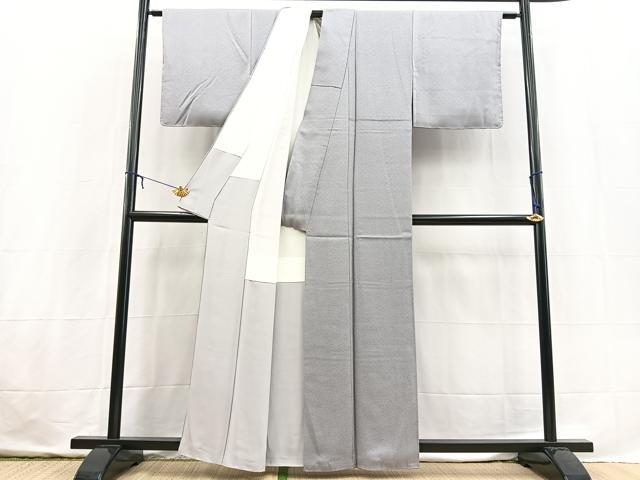 平和屋着物●京加賀友禅　百貫達雄監修　色無地　霞地紋　桔梗鼠色　反端付き　正絹　逸品　BAAX3681yc