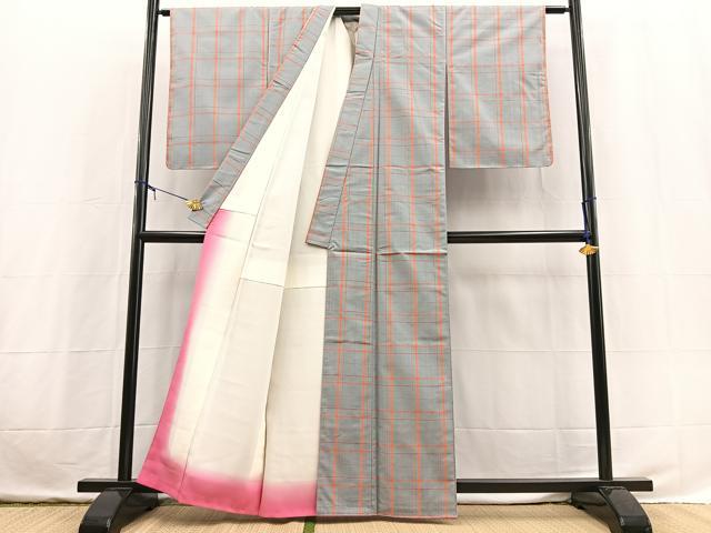 平和屋着物■上質な紬　格子柄　正絹　逸品　BAAX3713yc