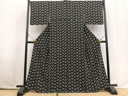 平和屋着物■上質な小紋　笹の葉文　黒地　正絹　逸品　BAAX3767yc