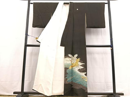 平和屋着物■豪華黒留袖　刺繍　飛鶴立波文　金銀糸　正絹　逸品　BAAX3768yc
