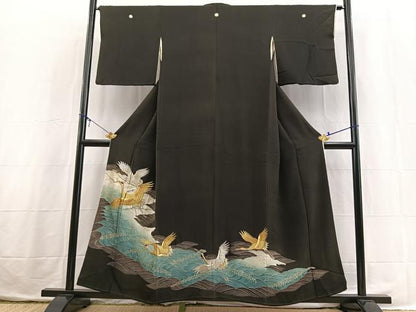 平和屋着物■豪華黒留袖　刺繍　飛鶴立波文　金銀糸　正絹　逸品　BAAX3768yc