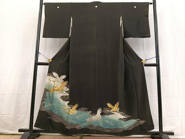 平和屋着物■豪華黒留袖　刺繍　飛鶴立波文　金銀糸　正絹　逸品　BAAX3768yc