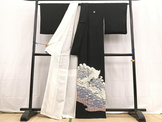平和屋着物■豪華黒留袖　駒刺繍　飛鶴草花文　正絹　逸品　BAAX3771yc