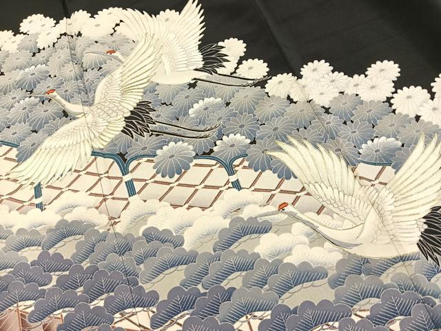 平和屋着物■豪華黒留袖　駒刺繍　飛鶴草花文　正絹　逸品　BAAX3771yc