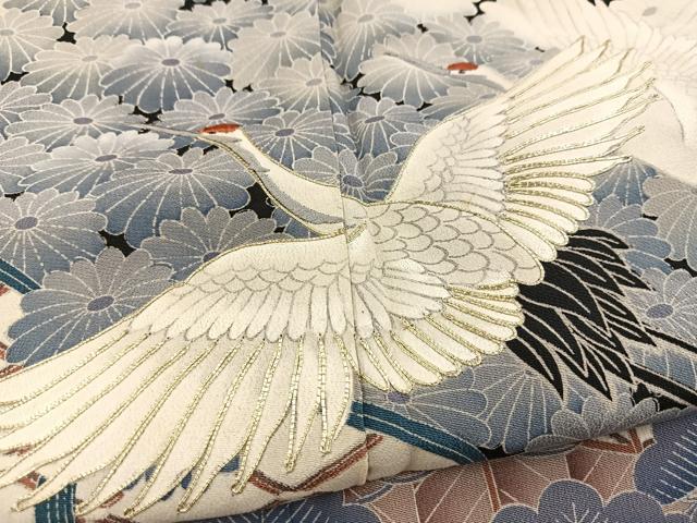 平和屋着物■豪華黒留袖　駒刺繍　飛鶴草花文　正絹　逸品　BAAX3771yc