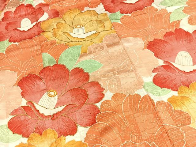 平和屋着物■豪華振袖　駒刺繍　椿文　正絹　逸品　BAAX3776yc