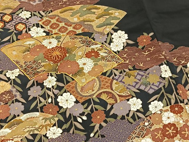 平和屋着物■豪華黒留袖　駒刺繍　地紙花蝶文　金彩　正絹　逸品　BAAX3796yc