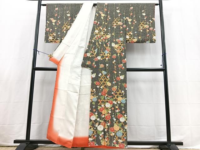 平和屋着物■訪問着　型染め　籠目花文　黒地　金銀彩　正絹　逸品　BAAX3806yc