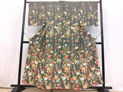 平和屋着物■訪問着　型染め　籠目花文　黒地　金銀彩　正絹　逸品　BAAX3806yc