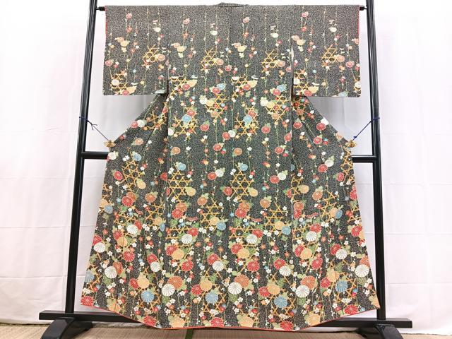 平和屋着物■訪問着　型染め　籠目花文　黒地　金銀彩　正絹　逸品　BAAX3806yc