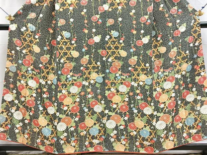 平和屋着物■訪問着　型染め　籠目花文　黒地　金銀彩　正絹　逸品　BAAX3806yc