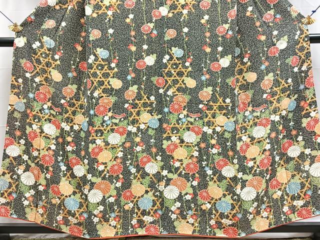 平和屋着物■訪問着　型染め　籠目花文　黒地　金銀彩　正絹　逸品　BAAX3806yc
