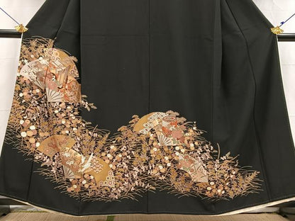平和屋着物■豪華黒留袖　御所車扇花文　金彩　正絹　逸品　BAAX3831yc
