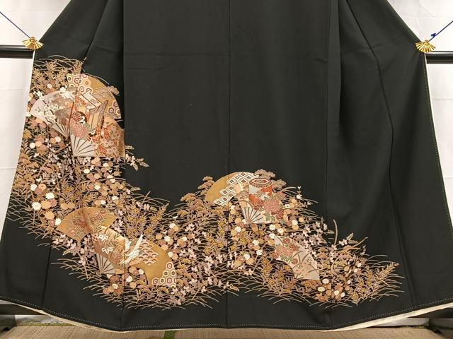 平和屋着物■豪華黒留袖　御所車扇花文　金彩　正絹　逸品　BAAX3831yc