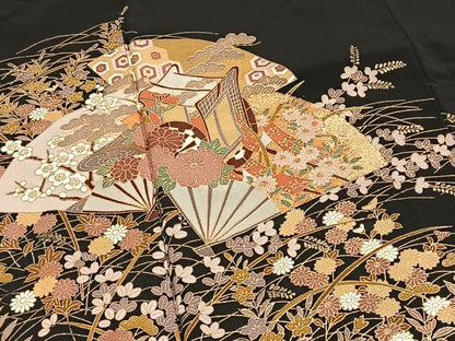 平和屋着物■豪華黒留袖　御所車扇花文　金彩　正絹　逸品　BAAX3831yc