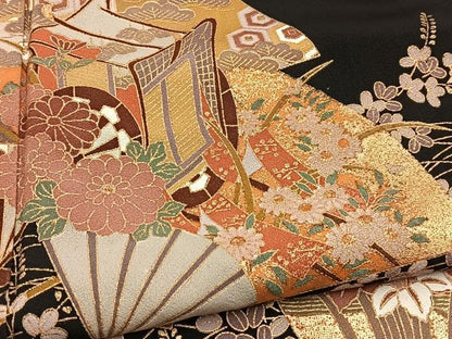 平和屋着物■豪華黒留袖　御所車扇花文　金彩　正絹　逸品　BAAX3831yc