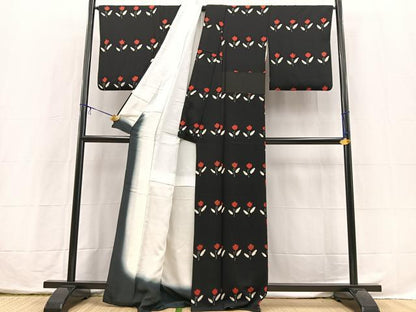 平和屋着物■上質な小紋　絞り　横段花文　黒地　正絹　逸品　BAAX3860yc